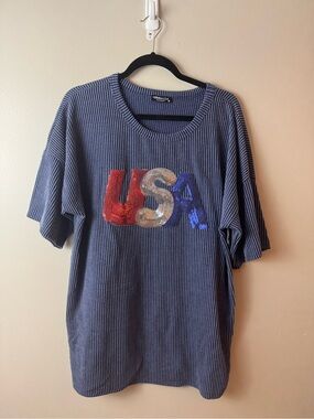 HEIMISH USA Blue Ribbed Short-Sleeve Sequin Top 4th of July NWOT 3XL
